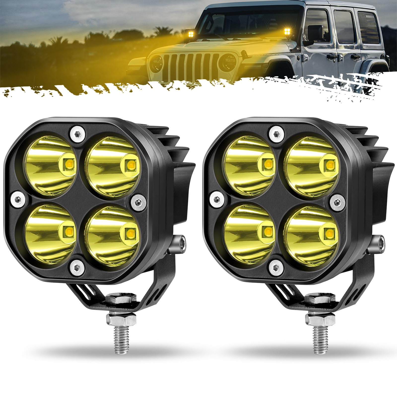 Partsam 3 Inch Yellow Pods Fog Light, 30W Waterproof Cubes Offroad Cree LED Pods Spot Flood Ditch Lights, Square Off Road Lights for Pickup Truck SUV ATV UTV Boat Forklift 4x4 Motorcycle, Pack of 2