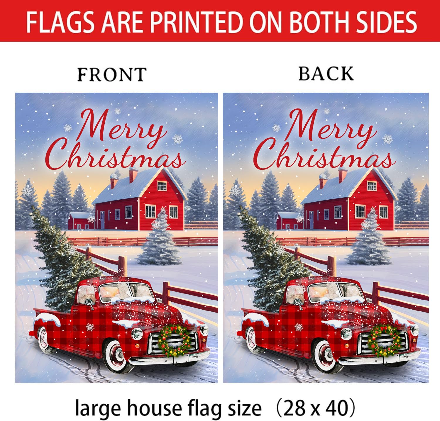 4SEASONS POD Merry Christmas Flag, Set 2 Merry Christmas Red Truck House Flag 28x40 and Christmas Garden Flag 12x18 Double Side, Winter Decorations Flag for Holiday Yard Lawn Outdoor Décor