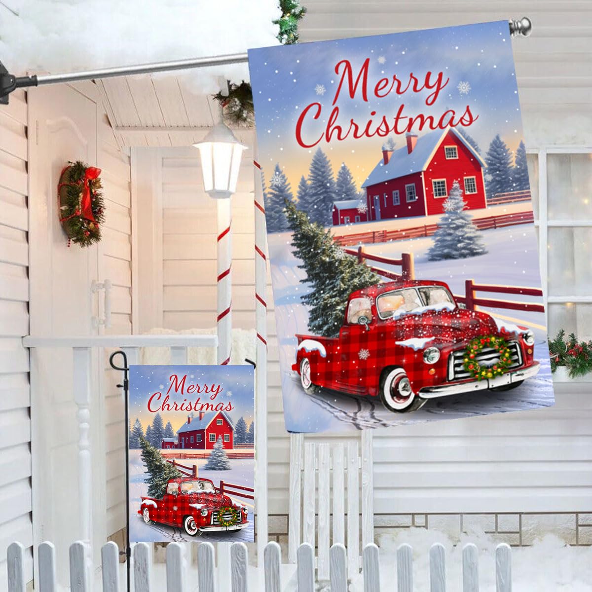 4SEASONS POD Merry Christmas Flag, Set 2 Merry Christmas Red Truck House Flag 28x40 and Christmas Garden Flag 12x18 Double Side, Winter Decorations Flag for Holiday Yard Lawn Outdoor Décor