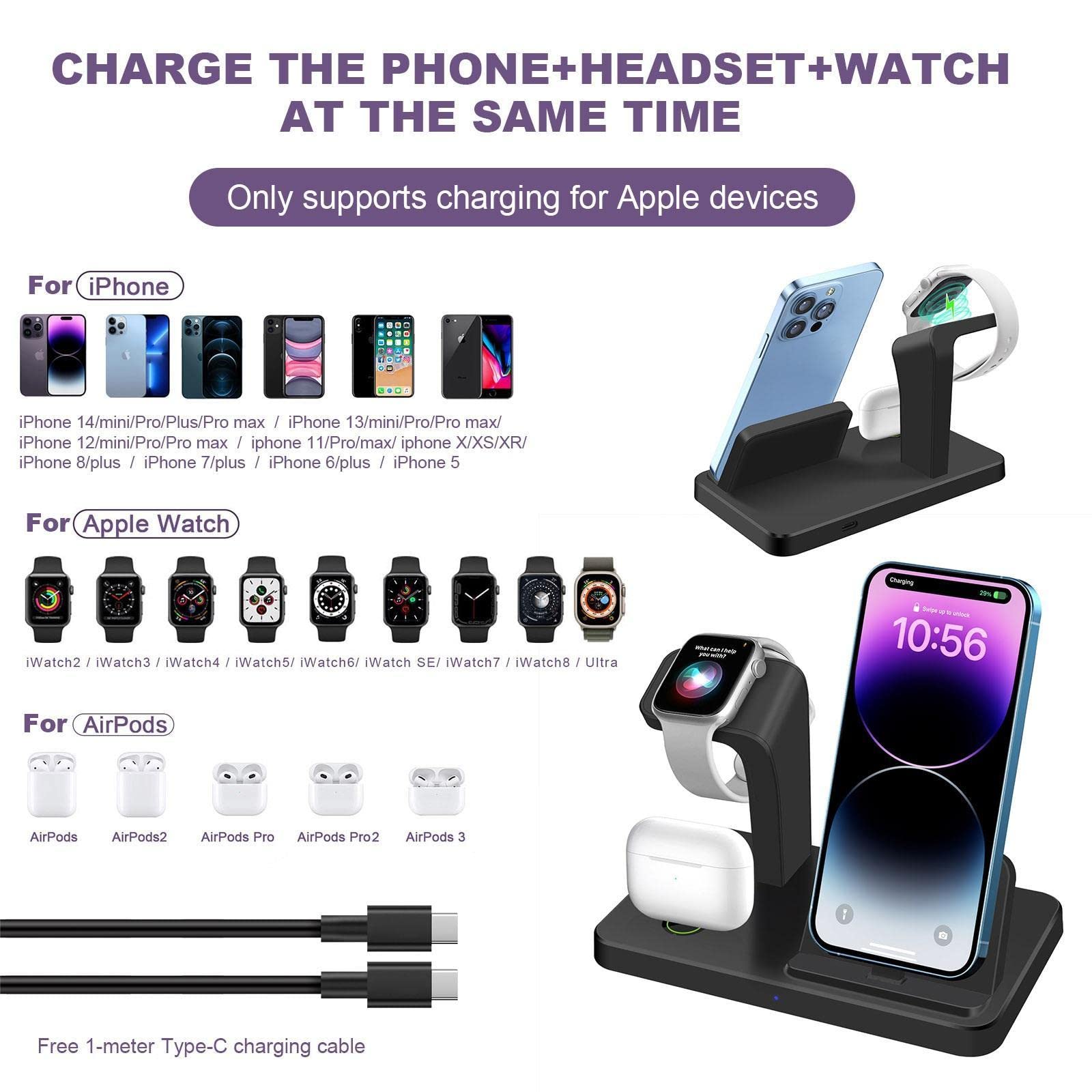 Charging Station for Apple Devices 3 in 1 Fast Charge Dock for iPhone 14/13/12/11 Pro Max XS X 8 7 6 and Air Pods,Wireless Charger Stand Compatible with Apple Watch 9/8/Ultra/SE/7/6/5/4/3/2 (Black)