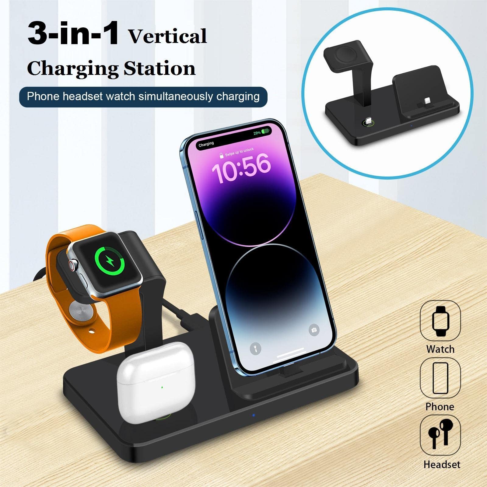 Charging Station for Apple Devices 3 in 1 Fast Charge Dock for iPhone 14/13/12/11 Pro Max XS X 8 7 6 and Air Pods,Wireless Charger Stand Compatible with Apple Watch 9/8/Ultra/SE/7/6/5/4/3/2 (Black)