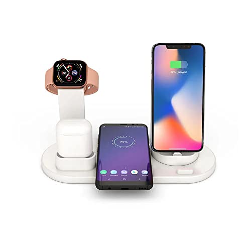 6 in 1 Wireless Charger Station 18W Fast Charger Phone Holder Smart Recognition Compatible for QI-Android-Phone 14,13,12,11(Pro/Max)/XR/XS/X/8 Watch 8/7/6/SE/5/4/3/2 Pods 3/2/pro (White)