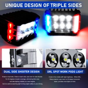 SLARY 2PCS 4 inch LED Pods White DRL Work Lights, Side Shooter with Red & Blue Dual Color Flasing Strobe LED Cubes Offroad Driving Light with Switch Wiring for Tractor Plow Truck ATV UTV 4x4