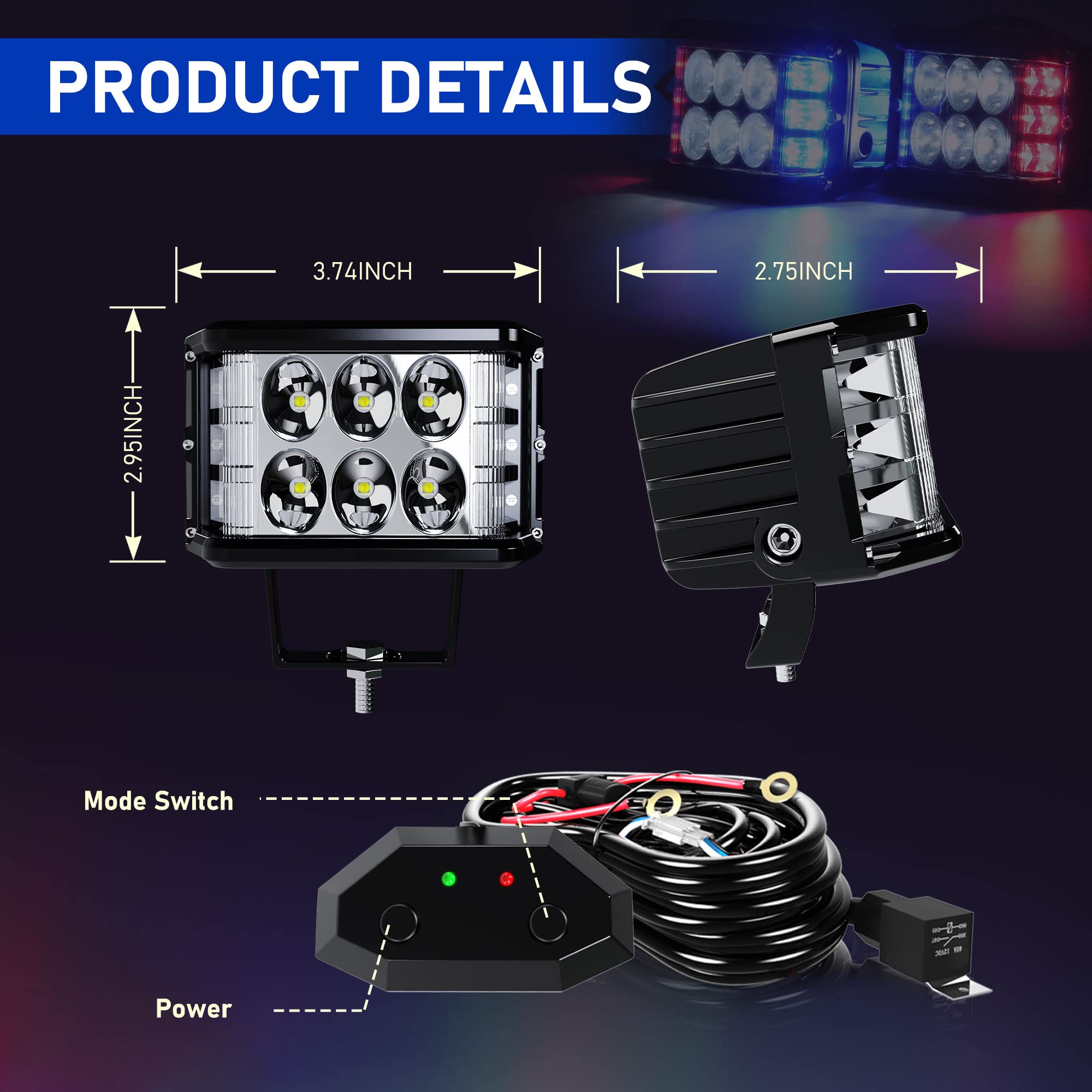 SLARY 2PCS 4 inch LED Pods White DRL Work Lights, Side Shooter with Red & Blue Dual Color Flasing Strobe LED Cubes Offroad Driving Light with Switch Wiring for Tractor Plow Truck ATV UTV 4x4