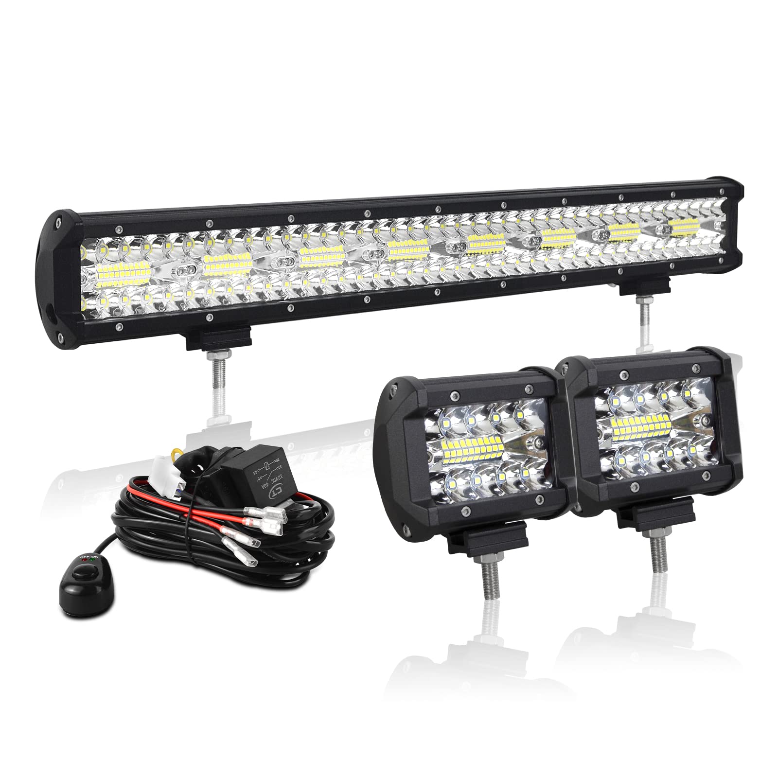 AUXTINGS 23 inch 480W Led Light Bar Spot Flood Beam +2x 4 inch 48W Spot LED Pods Fog Lights with 2 Leads 12V Wiring Harness Kit for Jeep Pickup Off Road Truck 4X4 ATV Boat Trailer,Waterproof