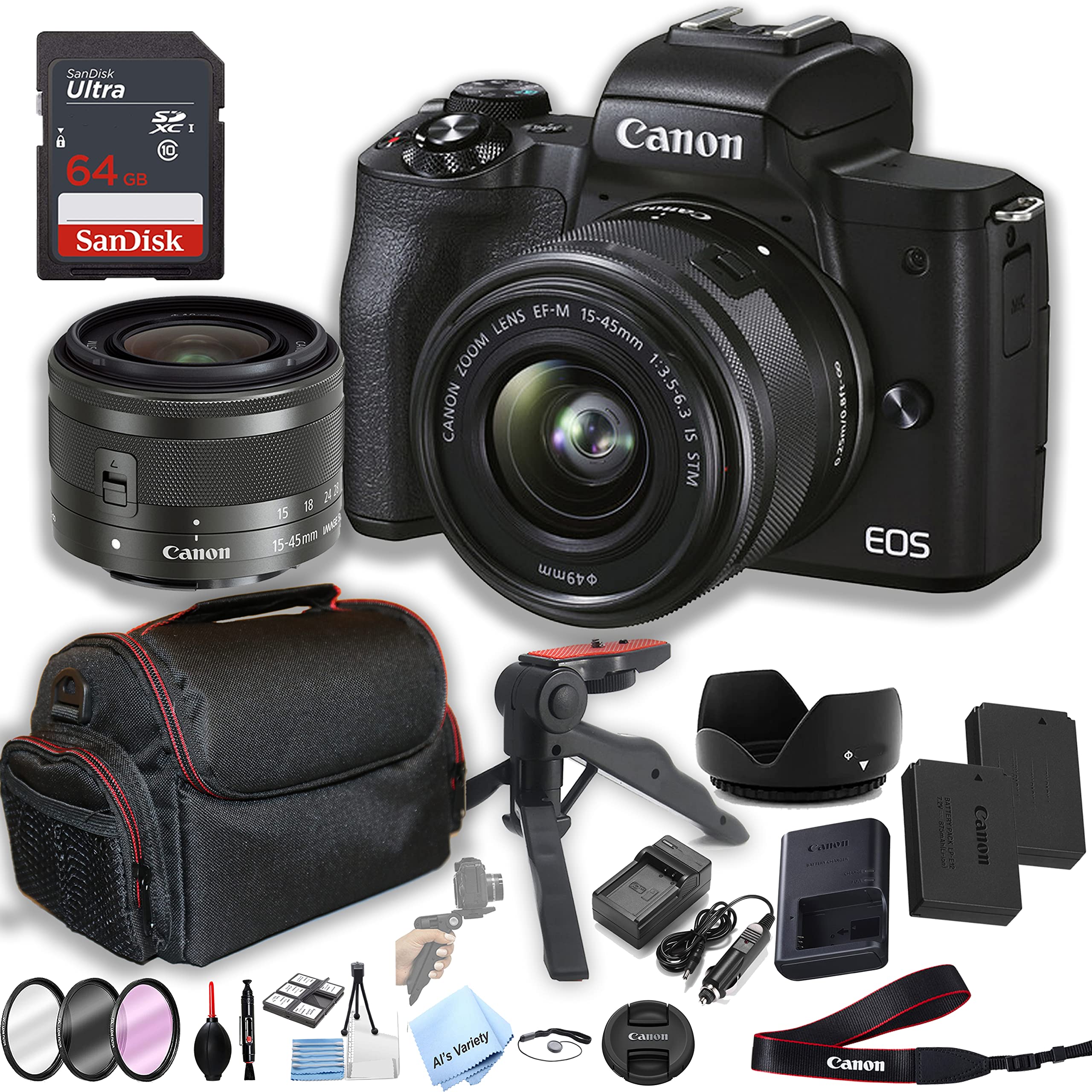 Canon M50 Mark II Mirrorless Digital Camera with 15-45mm Lens + 64GB Memory + Case+ Steady Grip Pod + Filters + 2X Batteries + More (30pc Bundle)