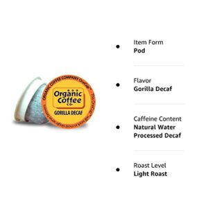 The Organic Coffee Co. Compostable Coffee Pods - Gorilla Decaf (12 Ct) K Cup Compatible including Keurig 2.0, Medium Roast, Swiss Water Processed, USDA Organic