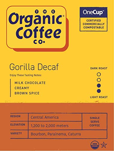 The Organic Coffee Co. Compostable Coffee Pods - Gorilla Decaf (12 Ct) K Cup Compatible including Keurig 2.0, Medium Roast, Swiss Water Processed, USDA Organic