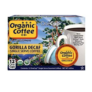 The Organic Coffee Co. Compostable Coffee Pods - Gorilla Decaf (12 Ct) K Cup Compatible including Keurig 2.0, Medium Roast, Swiss Water Processed, USDA Organic