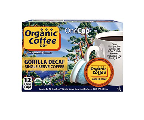 The Organic Coffee Co. Compostable Coffee Pods - Gorilla Decaf (12 Ct) K Cup Compatible including Keurig 2.0, Medium Roast, Swiss Water Processed, USDA Organic