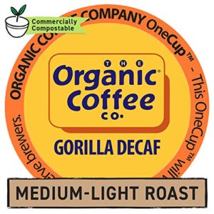 The Organic Coffee Co. Compostable Coffee Pods - Gorilla Decaf (12 Ct) K Cup Compatible including Keurig 2.0, Medium Roast, Swiss Water Processed, USDA Organic