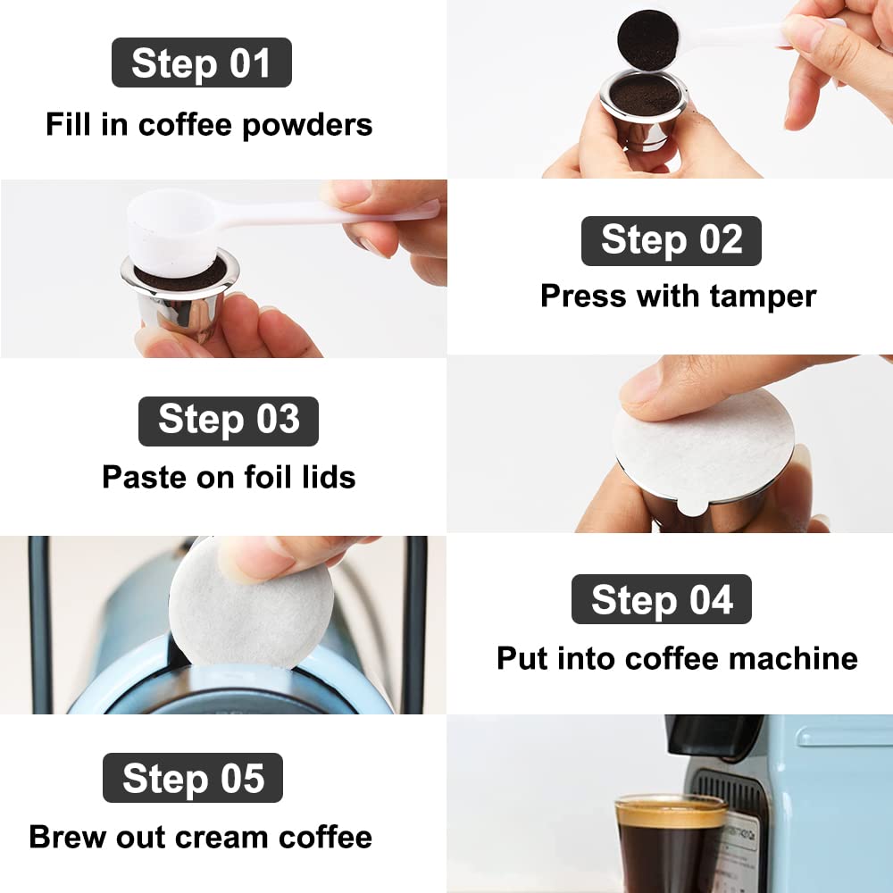 Reusable Espresso Capsules Stainless Steel Refillable Coffee Pods with Biodegradable Paper Seals Stickers Lids Compatible for Nespresso Original Line Machines (2 Cups + 100 Lids)