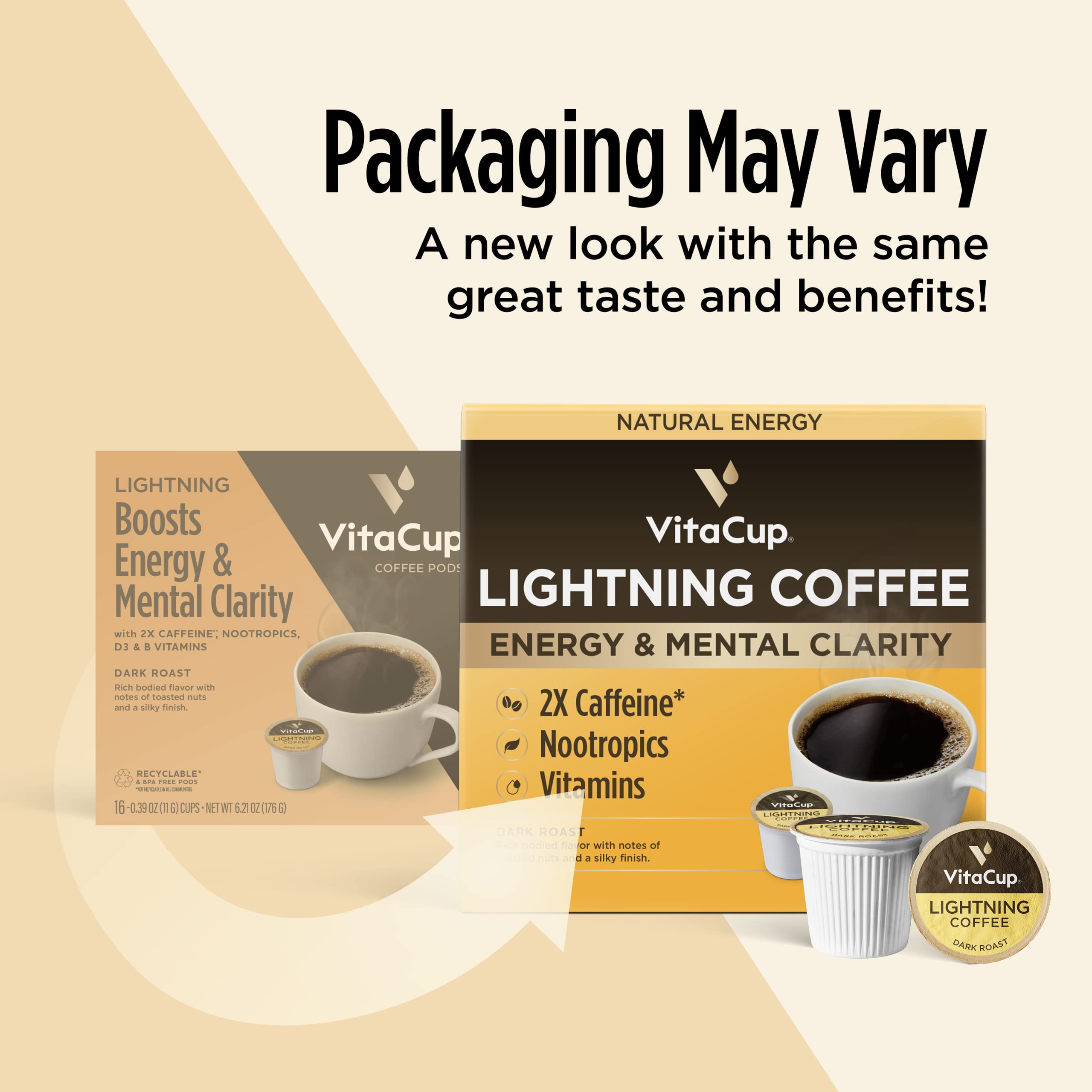 VitaCup Lightning Coffee Pods, Enhance Memory & Focus w/ 2X Caffeine,16CT | Energy Dark Roast Coffee Pods, Boost Focus & Metabolism, Antioxidants, B Vitamins, Bold & Smooth 16CT