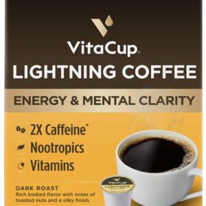 VitaCup Lightning Coffee Pods, Enhance Memory & Focus w/ 2X Caffeine,16CT | Energy Dark Roast Coffee Pods, Boost Focus & Metabolism, Antioxidants, B Vitamins, Bold & Smooth 16CT