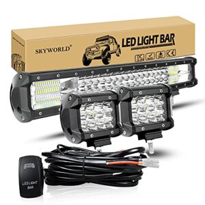 skyworld 20 inch 288w spot flood combo led light bar work driving lamp + 2 x 36w 4 inch led pods fog lights with 12v rocker wiring harness kit for truck tractor 4x4 4wd car atv utv suv vehicles