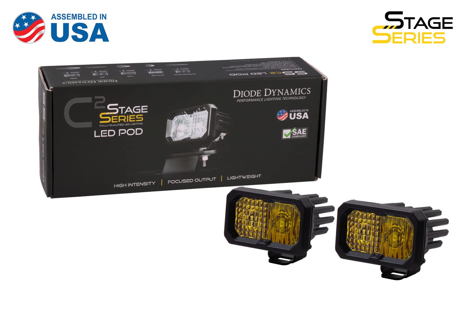 Diode Dynamics Stage Series 2in SAE Yellow Sport Standard LED Pod (pair), Spot w/Amber Backlight