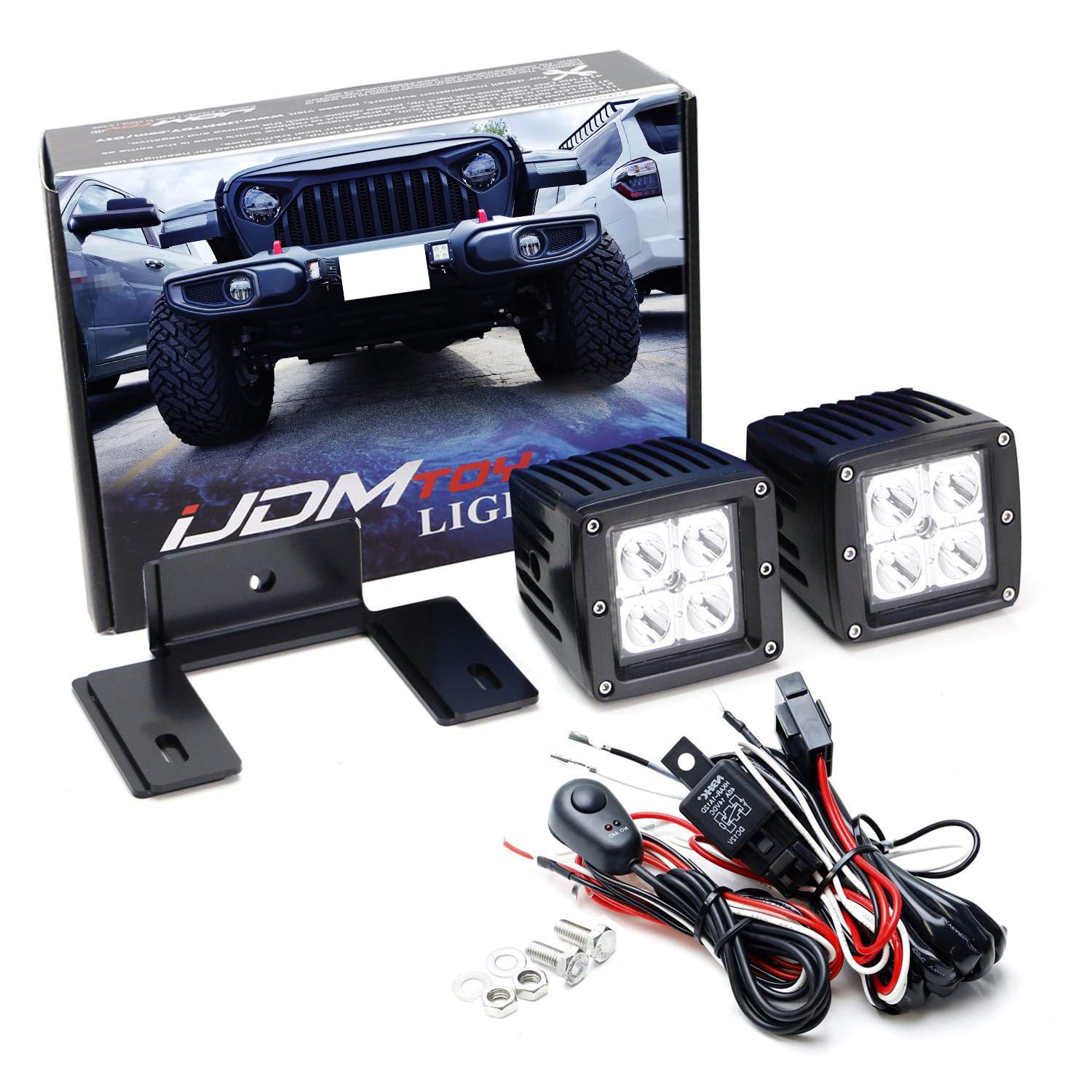 iJDMTOY Universal Fit License Plate Frame Mount 3-Inch LED Pod Fog Driving Light Kit, Include (2) 2x2 24W LED Cubic, Mounting Brackets & Relay Wiring Kit