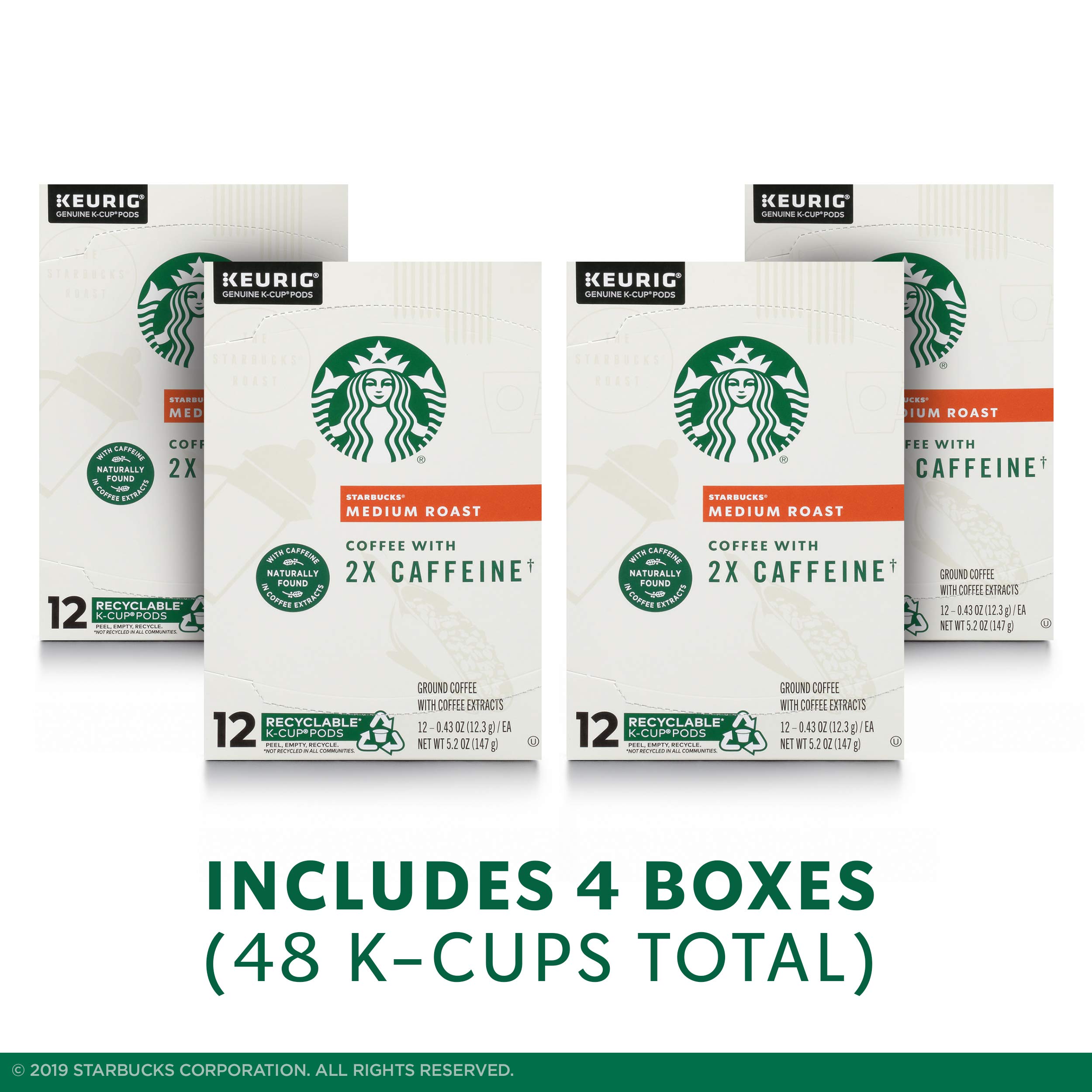 Starbucks Medium Roast K-Cup Coffee Pods with 2X Caffeine, for Keurig Brewers, 4 boxes (48 pods total)