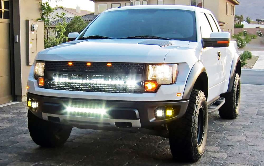 iJDMTOY LED Pod Light Fog Lamp Compatible With 2010-14 Ford SVT Raptor, Includes (4) 20W High Power Xenon White LED Cubes, (2) Amber Lens, Foglight Location Mounting Brackets & On/Off Switch Wiring