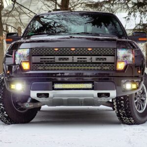 iJDMTOY LED Pod Light Fog Lamp Compatible With 2010-14 Ford SVT Raptor, Includes (4) 20W High Power Xenon White LED Cubes, (2) Amber Lens, Foglight Location Mounting Brackets & On/Off Switch Wiring