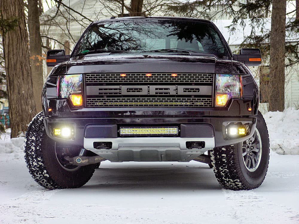 iJDMTOY LED Pod Light Fog Lamp Compatible With 2010-14 Ford SVT Raptor, Includes (4) 20W High Power Xenon White LED Cubes, (2) Amber Lens, Foglight Location Mounting Brackets & On/Off Switch Wiring