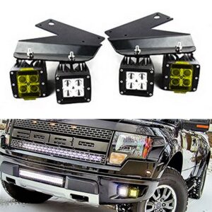 iJDMTOY LED Pod Light Fog Lamp Compatible With 2010-14 Ford SVT Raptor, Includes (4) 20W High Power Xenon White LED Cubes, (2) Amber Lens, Foglight Location Mounting Brackets & On/Off Switch Wiring