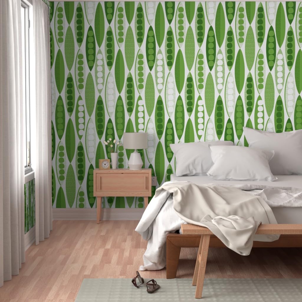 Spoonflower Removable Wallpaper 12ft x 2ft - Pod Mod Modern Green Mid Century Vegetable Custom Pre-Pasted Wallpaper