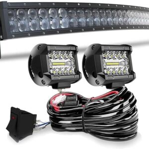 52 Inch Led Light Bar 5D Curved +2X 4Inch Led Cube Pods W/Wiring Kit for Polaris Ranger Can Am X3 Maverick Grand Cherokee XJ Dodge Ram Dodge GMC UTV ATV 4WD Truck Boat