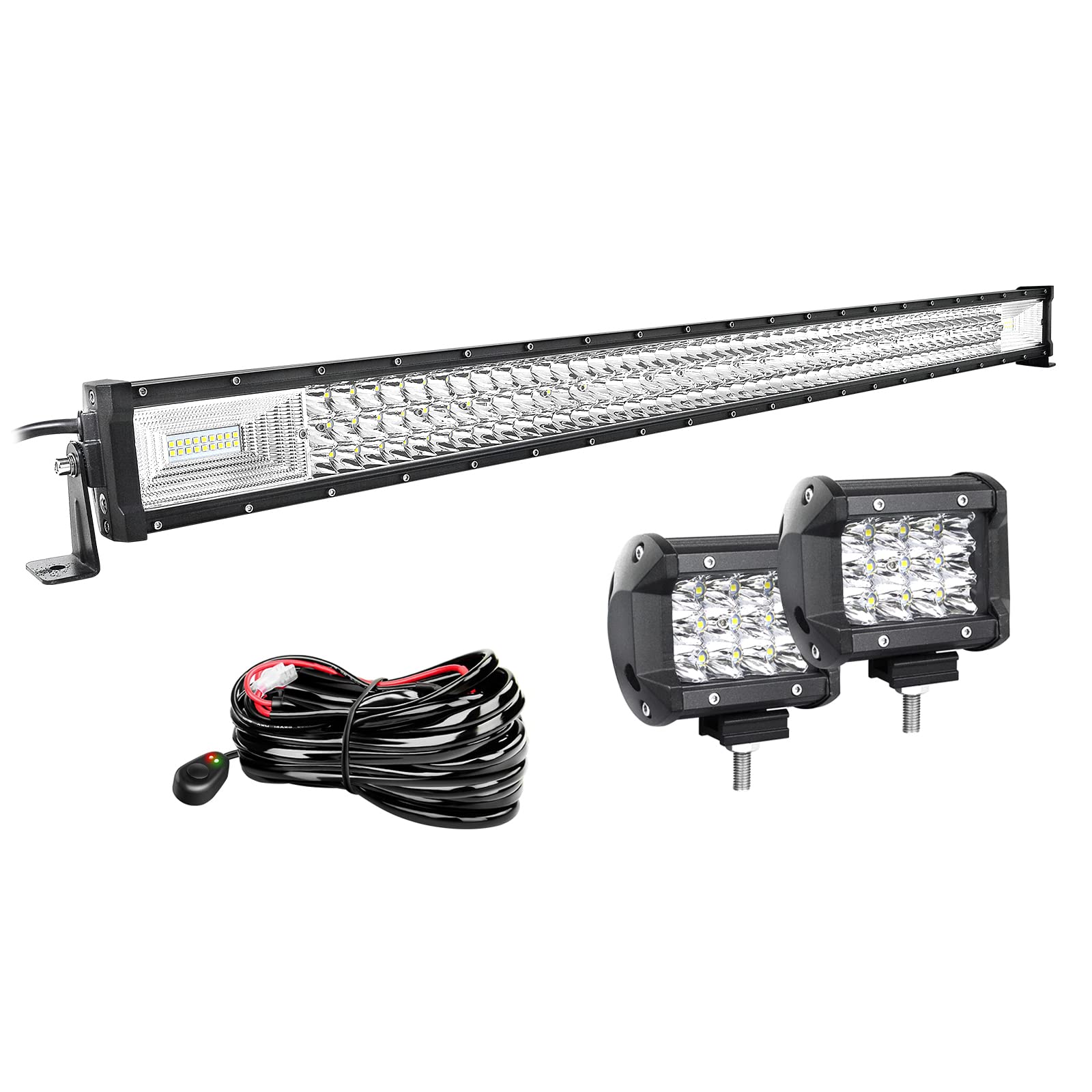 AUXTINGS 42 inch Straight Led Light Bar Spot Flood Beam +2X 4 inch 36W Spot LED Pods Fog Lights with 12V Wiring Harness Kit 2 Leads for Jeep Pickup Off Road Truck 4X4 ATV Boat Trailer,Waterproof