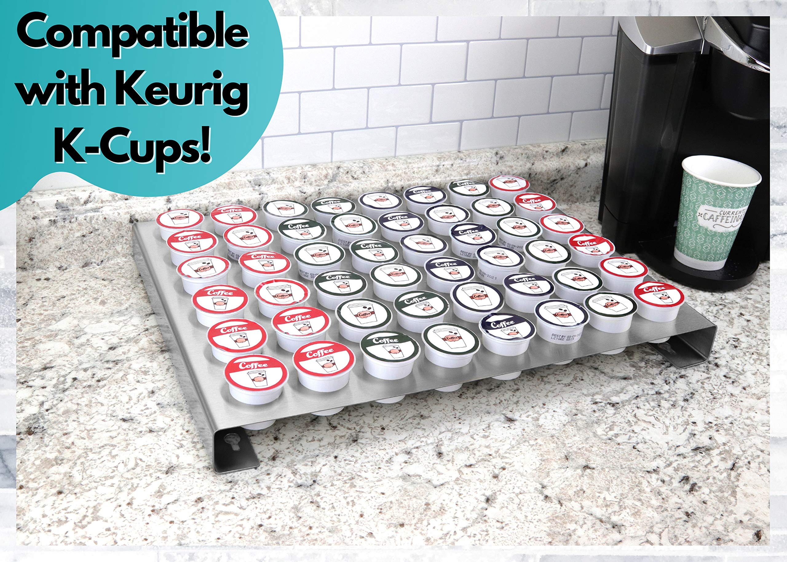 Polar Whale 2 Brushed Stainless Steel Coffee Pod Organizer Storage Tray Counter Stand or Wall Mount Compatible with Keurig K-Cup KCup for Kitchen Home Office Waterproof 19 x 14.5 Inches Each Holds 48