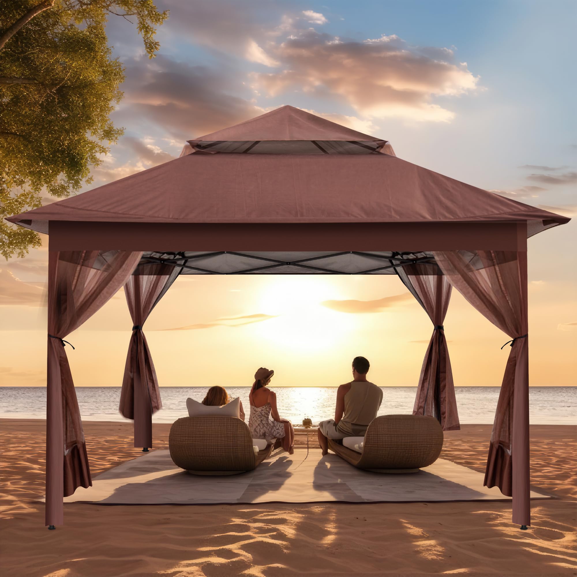 yoyomax 13X13 Outdoor Pop Up Gazebo with Netting, Portable Gazebo Waterproof Patio Canopy Shelter with Double Roof Tops and 169 Square Feet of Shade for Beach Parties, Camping and Picnics - Brown