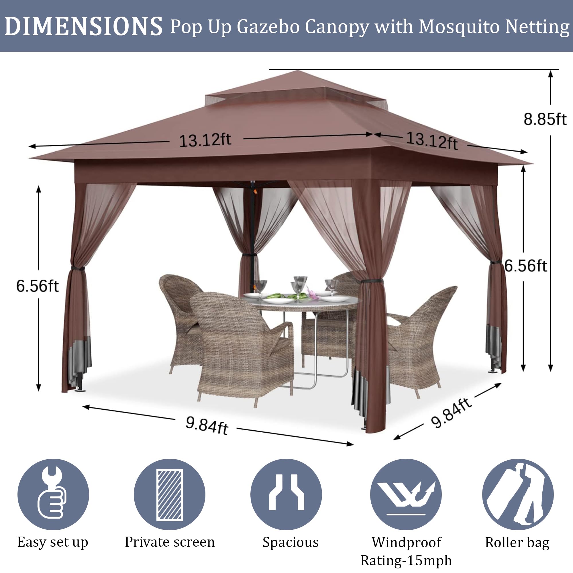 yoyomax 13X13 Outdoor Pop Up Gazebo with Netting, Portable Gazebo Waterproof Patio Canopy Shelter with Double Roof Tops and 169 Square Feet of Shade for Beach Parties, Camping and Picnics - Brown