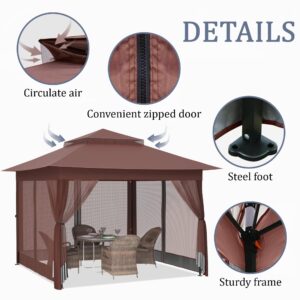 yoyomax 13X13 Outdoor Pop Up Gazebo with Netting, Portable Gazebo Waterproof Patio Canopy Shelter with Double Roof Tops and 169 Square Feet of Shade for Beach Parties, Camping and Picnics - Brown