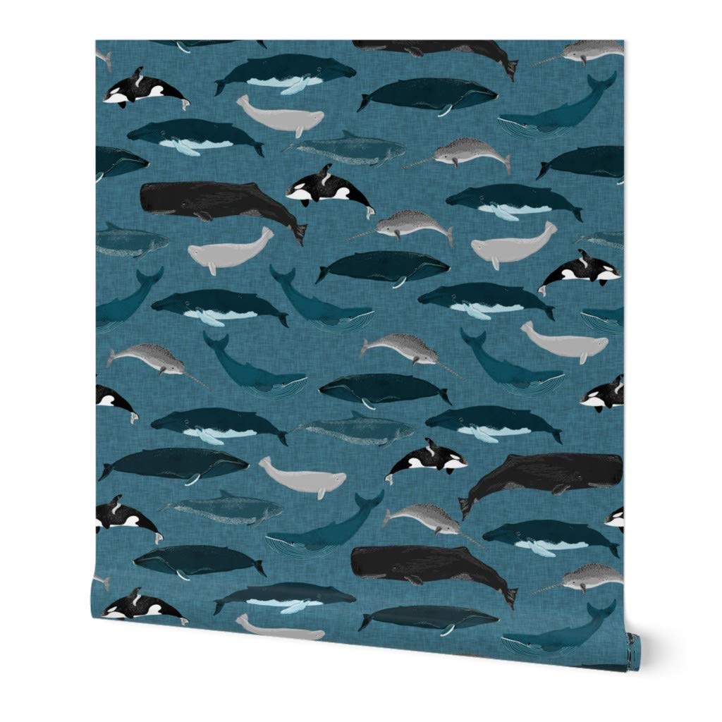 Spoonflower Peel & Stick Wallpaper 9ft x 2ft - Whale Whales Ocean Sea Creature Pod Beluga Narwhal Blue Nautical Custom Removable Wallpaper