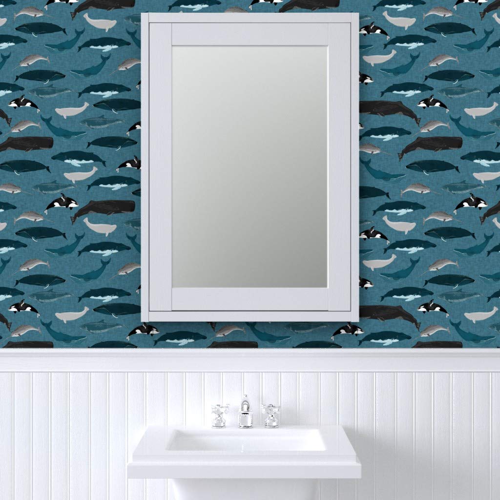 Spoonflower Peel & Stick Wallpaper 9ft x 2ft - Whale Whales Ocean Sea Creature Pod Beluga Narwhal Blue Nautical Custom Removable Wallpaper