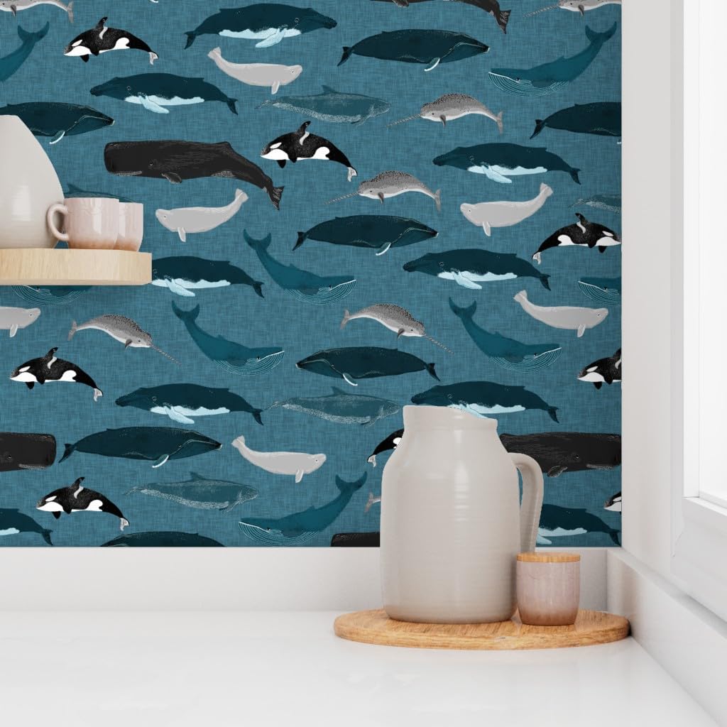 Spoonflower Peel & Stick Wallpaper 9ft x 2ft - Whale Whales Ocean Sea Creature Pod Beluga Narwhal Blue Nautical Custom Removable Wallpaper