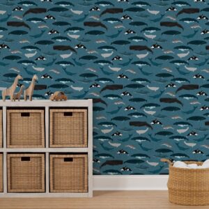 Spoonflower Peel & Stick Wallpaper 9ft x 2ft - Whale Whales Ocean Sea Creature Pod Beluga Narwhal Blue Nautical Custom Removable Wallpaper