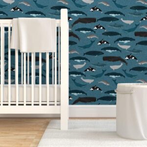 Spoonflower Peel & Stick Wallpaper 9ft x 2ft - Whale Whales Ocean Sea Creature Pod Beluga Narwhal Blue Nautical Custom Removable Wallpaper