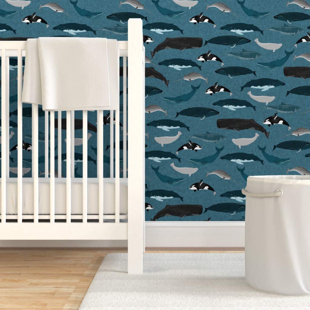 Spoonflower Peel & Stick Wallpaper 9ft x 2ft - Whale Whales Ocean Sea Creature Pod Beluga Narwhal Blue Nautical Custom Removable Wallpaper