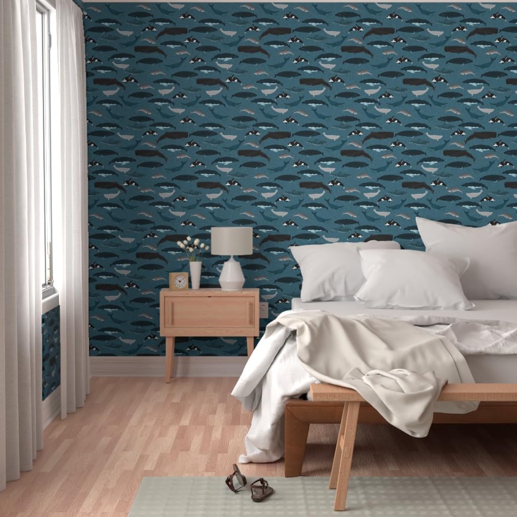 Spoonflower Peel & Stick Wallpaper 9ft x 2ft - Whale Whales Ocean Sea Creature Pod Beluga Narwhal Blue Nautical Custom Removable Wallpaper