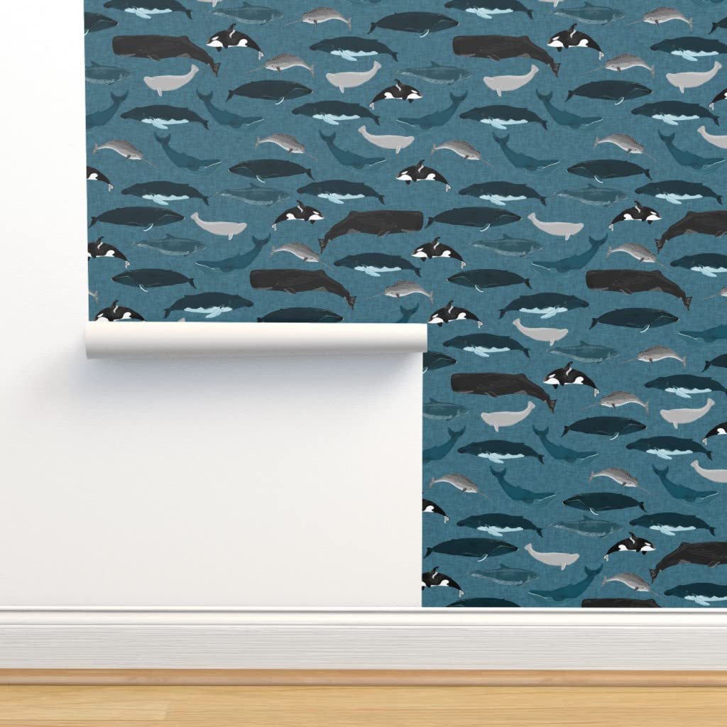 Spoonflower Peel & Stick Wallpaper 9ft x 2ft - Whale Whales Ocean Sea Creature Pod Beluga Narwhal Blue Nautical Custom Removable Wallpaper