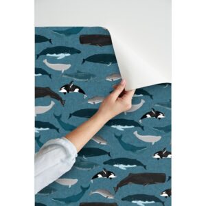 Spoonflower Peel & Stick Wallpaper 9ft x 2ft - Whale Whales Ocean Sea Creature Pod Beluga Narwhal Blue Nautical Custom Removable Wallpaper