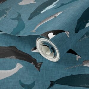 Spoonflower Peel & Stick Wallpaper 9ft x 2ft - Whale Whales Ocean Sea Creature Pod Beluga Narwhal Blue Nautical Custom Removable Wallpaper