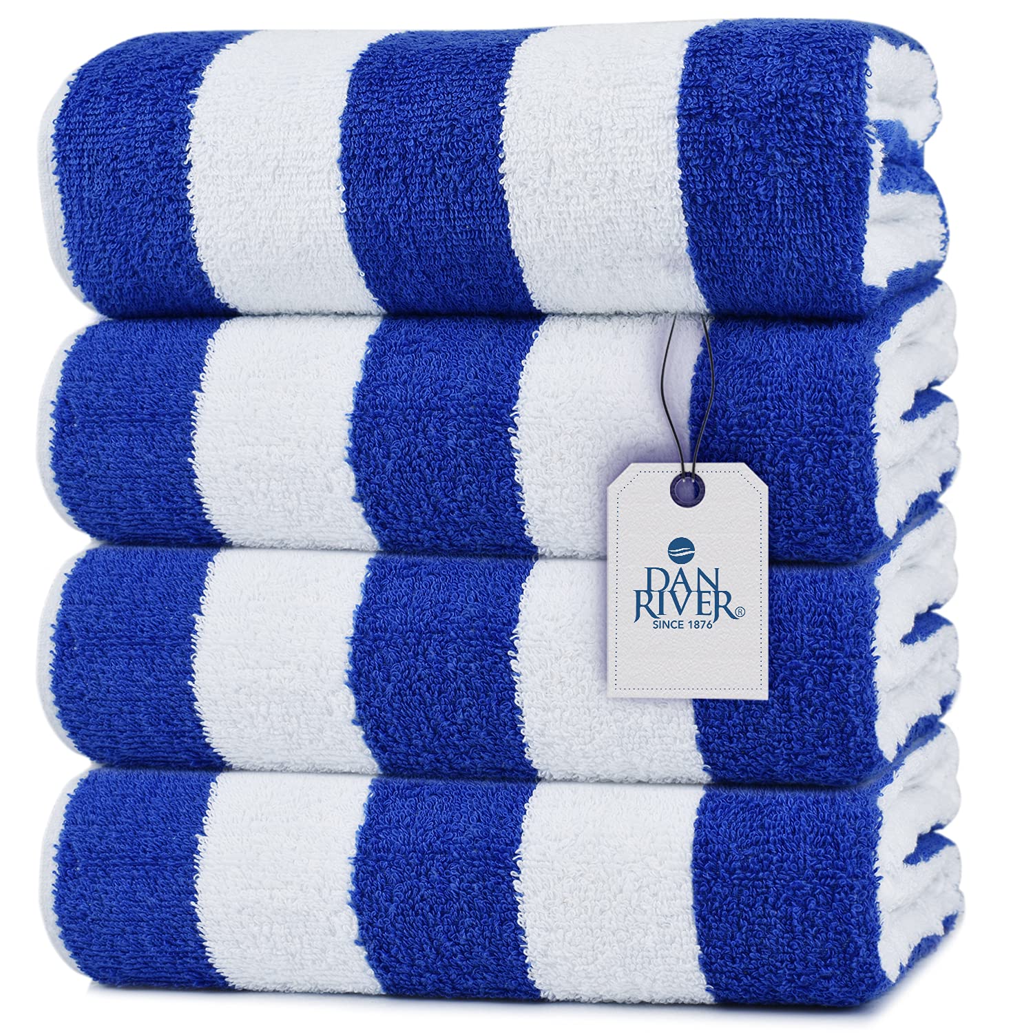 DAN RIVER 100% Cotton Beach Towels Set Pack of 4, Quick Dry Ultra Soft & Highly Absorbent 30”x60” Oversized Cabana Striped Pool Towels for Bathroom, Home, Hotel and Shore| 500 GSM| Blue Striped