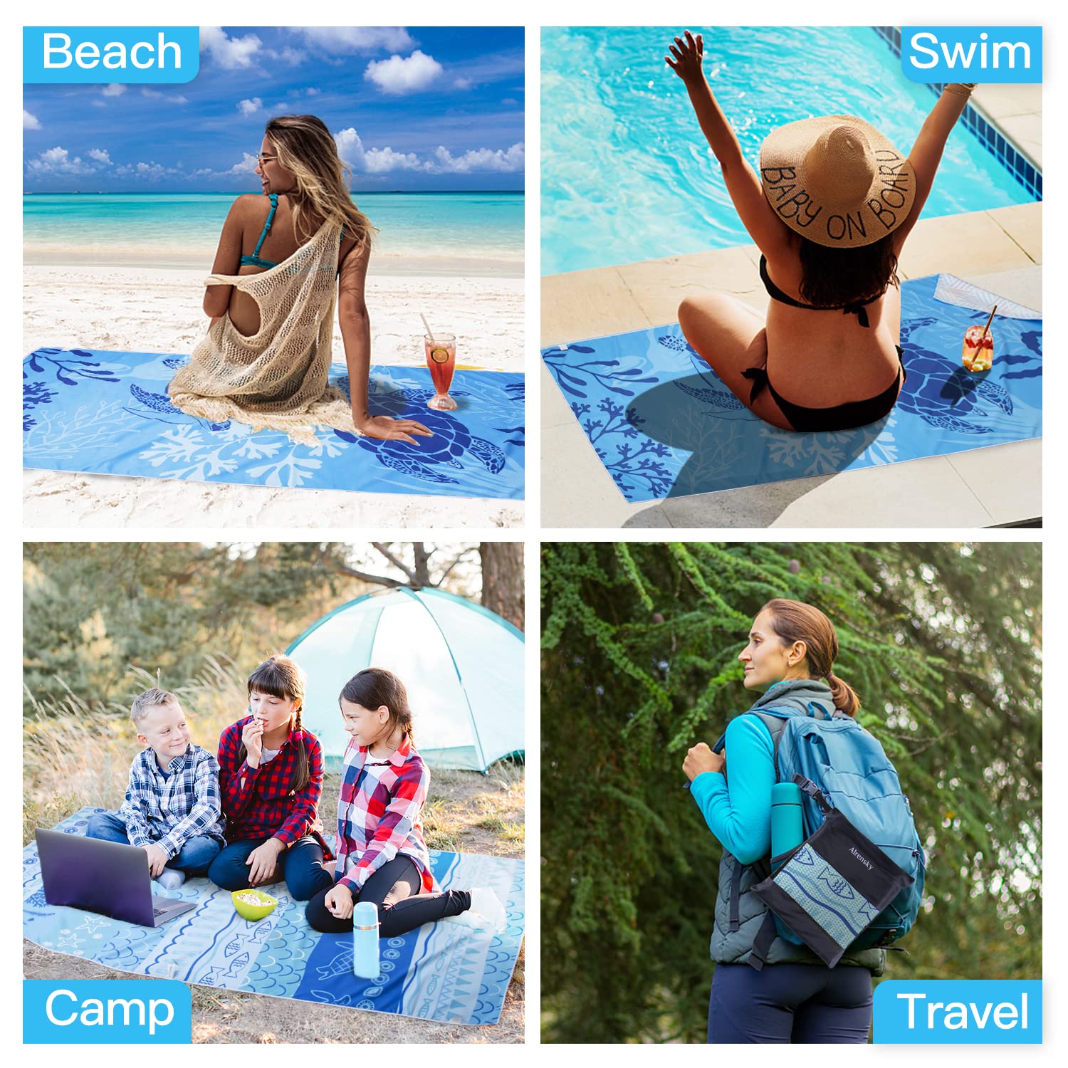 Airensky 2 Pack Microfiber Beach Towel, Oversized Pool Towel 72" x 36", Sand-Free Beach Towel, Quick Drying, Super Absorbent, Soft Breathable