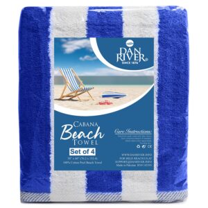DAN RIVER 100% Cotton Beach Towels Set Pack of 4, Quick Dry Ultra Soft & Highly Absorbent 30”x60” Oversized Cabana Striped Pool Towels for Bathroom, Home, Hotel and Shore| 500 GSM| Blue Striped