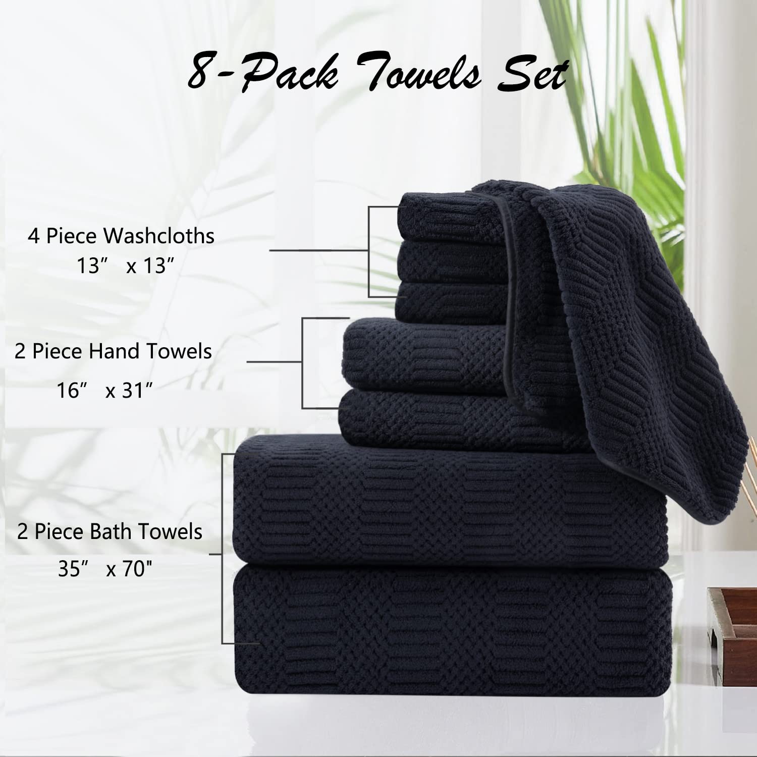 8 Piece Oversized Black Bath Towel Set-2 Extra Large Bath Towel Sheets,2 Hand Towels,4 Washcloths-600GSM Soft Highly Absorbent Quick Dry Beach Chair Towels Woven Towels for Bathroom Hotel and Spa