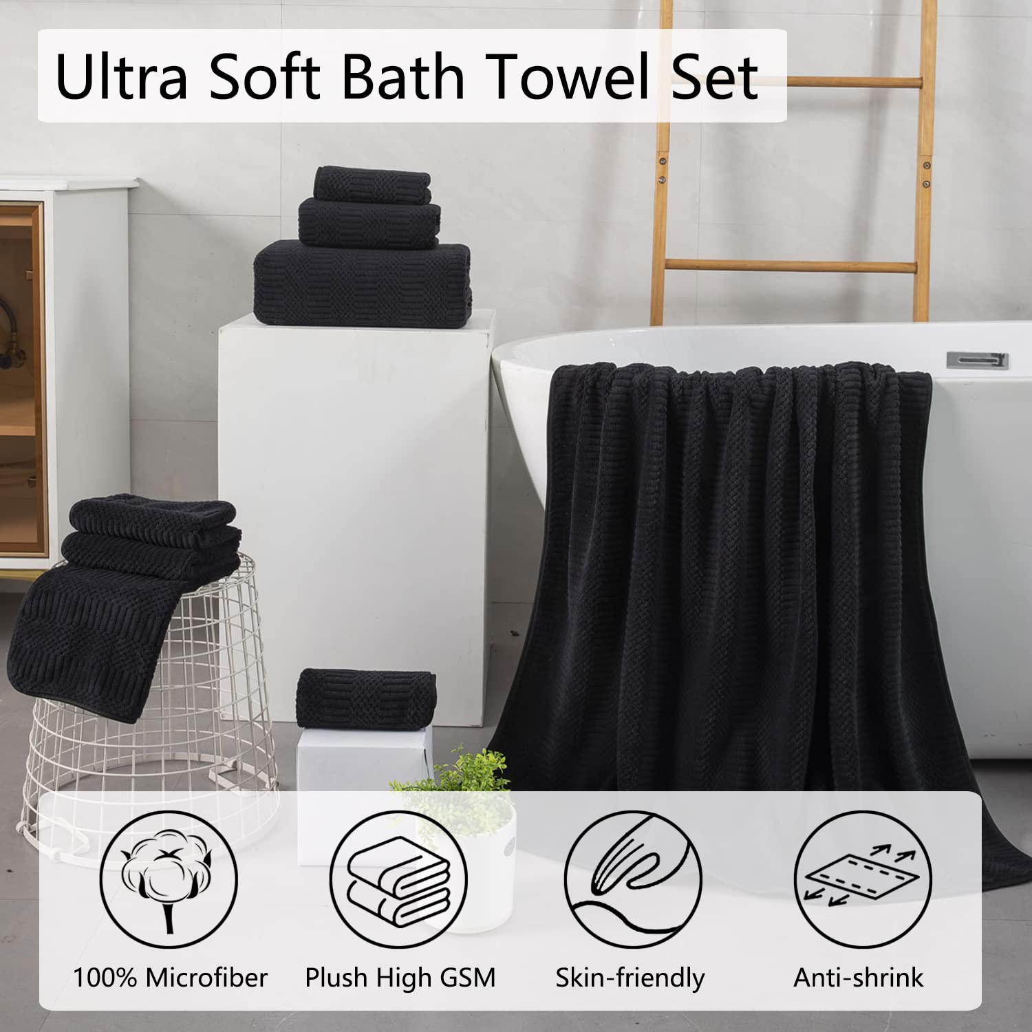 8 Piece Oversized Black Bath Towel Set-2 Extra Large Bath Towel Sheets,2 Hand Towels,4 Washcloths-600GSM Soft Highly Absorbent Quick Dry Beach Chair Towels Woven Towels for Bathroom Hotel and Spa