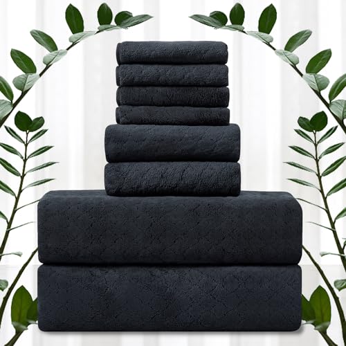 Extra Large Bath Towel Sets of 8, 2 Large Bath Towels Oversized, 2 Hand Towels, 4 Washcloths, Soft Microfiber & Quick Dry & Highly Absorbent Bath Towels for Bathroom Kitchen Spa Hotel Gym Pet(Black)