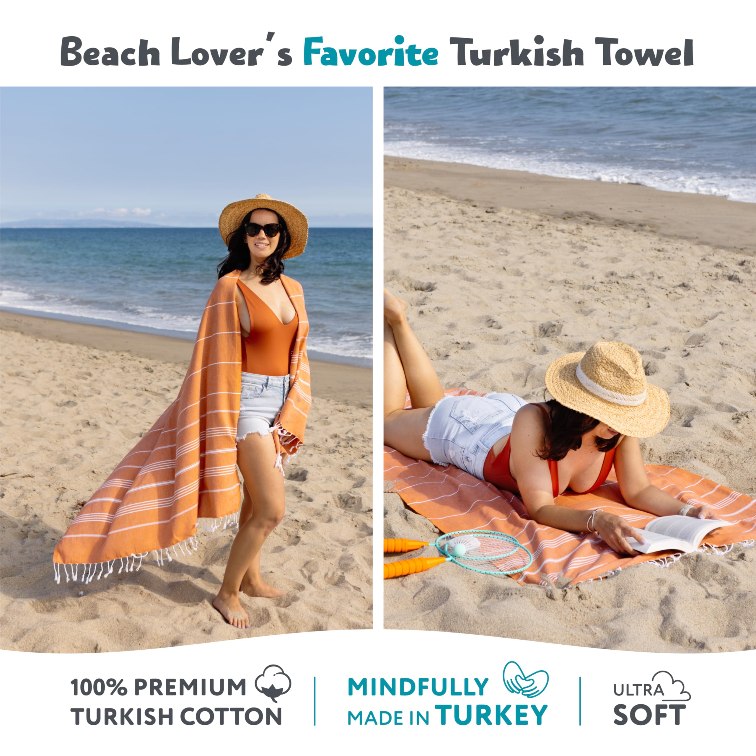 WETCAT Turkish Beach Towel Oversized 38x71 100% Cotton Sand Free Quick Dry Extra Large Light Travel Towel for Adults Beach Accessories Gifts - Burnt Orange